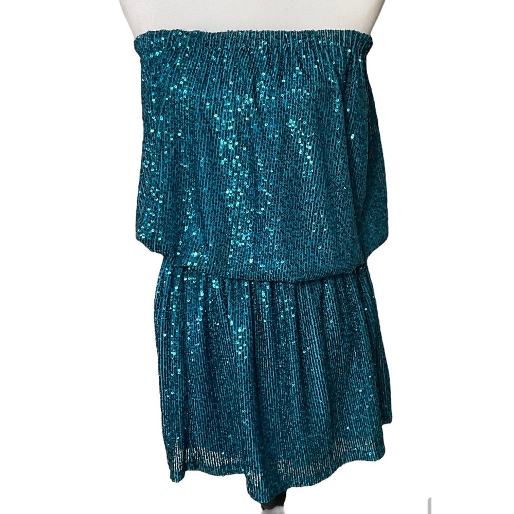 Sofia Women Turquoise Sequin Mini Strapless Dress Drop Waist Blouson One Size T1